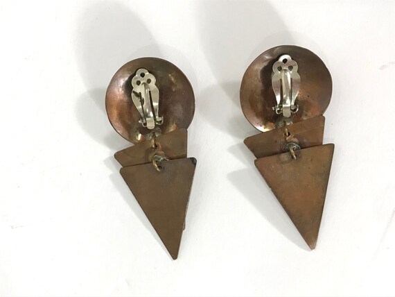 80s Copper Bronze Circle Triangles Statement Earr… - image 3