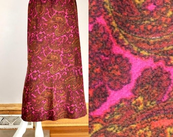 60s Psychedelic Paisley Maxi Skirt: Wool-Like Fabric, Pockets, Waist 28, Hippie Boho