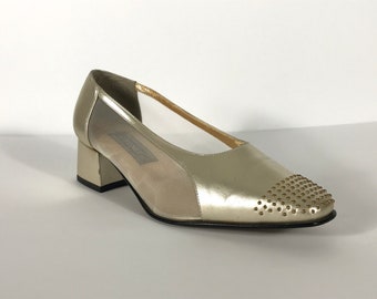 90s Champagne Gold Mesh Heels w/ Toe Studs, J. Renee, Size 7WW