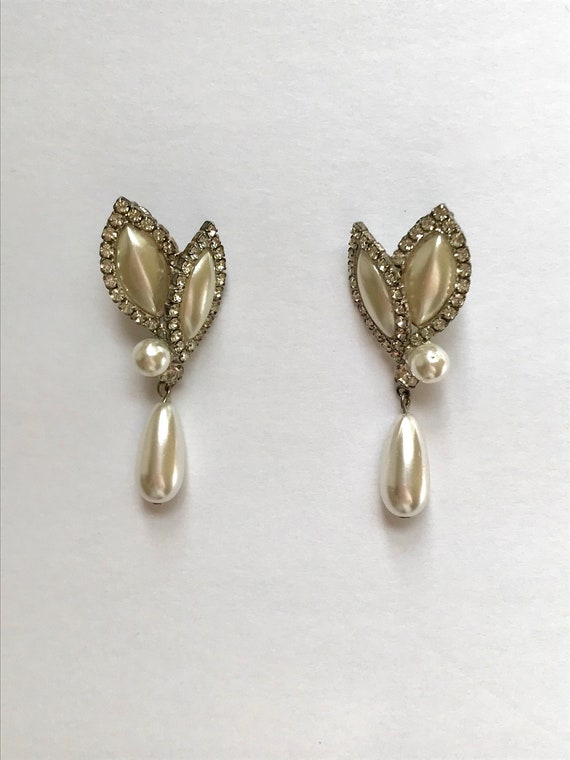 90s Bridal Pearl and Crystal Diamond Art Deco Rev… - image 1