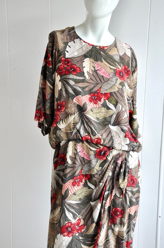 80s Does 30s Hawaiian Tropical Flower Safari Dress