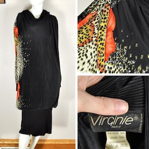 70s Plisse Animal Print Dress, Virginie France, Micro Pleat Dress w/ Cowl Neckline, Size L/XL, Rockabilly Flapper Plus Size Leopard Print