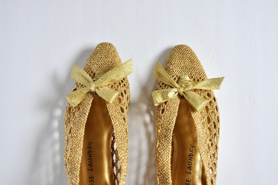 90s Does 20s 30s Gold Leather Bow Shoes, Chinese L