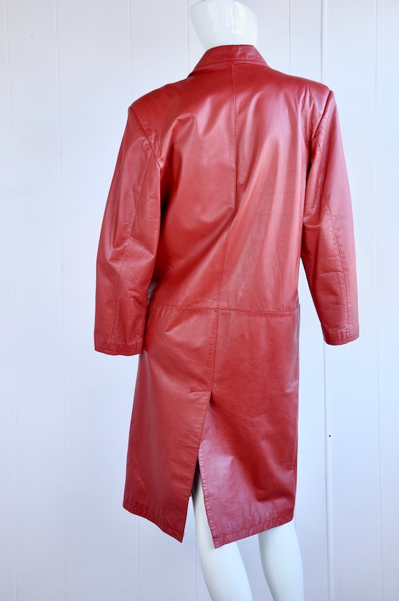 80s Lipstick Red Leather Trench Coat, Size Small, 