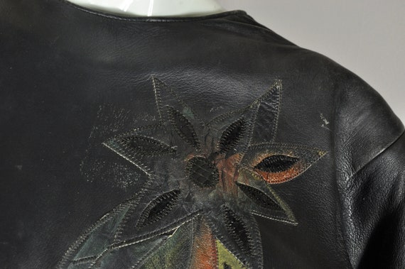 80s 90s Black Leather Flower Appliqué Dress w/ Si… - image 3