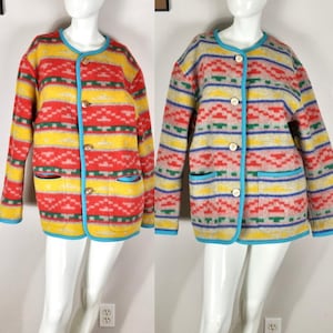 May include: Colorful patterned jacket with a round neckline, button closure, and two front pockets. The jacket features a vibrant design with red, yellow, green, and blue accents. The trim and pocket edges are a bright blue.