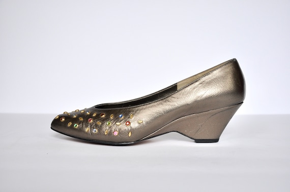 80s Gold Leather Bejeweled Kitten Wedge Pumps Size 6.5W Magdesian s Glam Disco Retro Vintage Shoes Heels Etsy