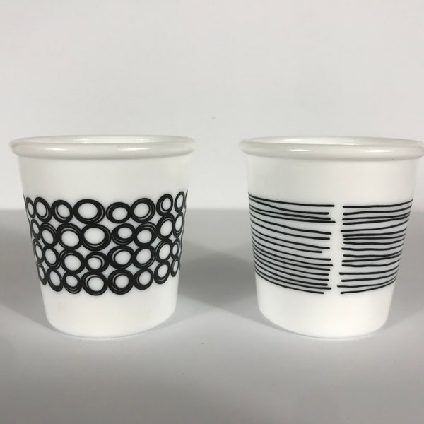 90s Mod MCM-style Black and White Abstract Espresso Cups (2), Tempered Glass, Bormioli Rocco