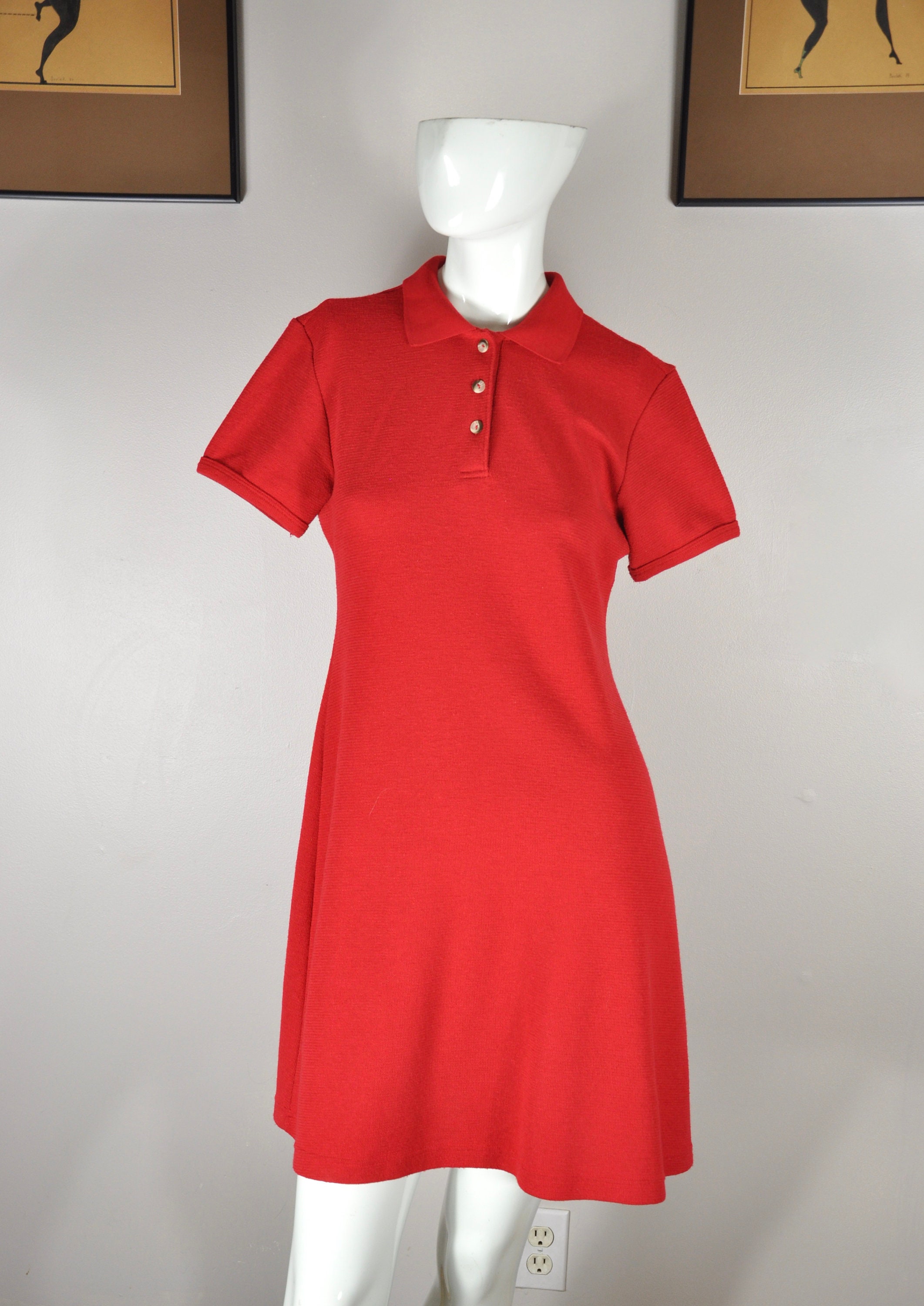 90s Red Polo Shirt Dress, Express Tricot, Size M, Made in