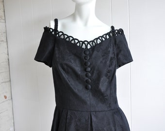 80s Off the Shoulder Little Black Dress w/ Loop-de-Loop Bust Detail, Vintage Size 12, 90s Does 60s 50s, Pinup Rockabilly Hepburn Dita