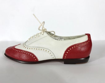 90s Red and White Leather Spectator Shoes, Size 7M, Bass, Made in Brazil, Like New