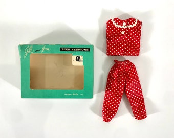 Vintage Doll Clothes w/ Box, Jill and Jan Teen Fashions, Vogue Dolls, Inc., Red and White Polka Dot Pants and Tank Top 1950s