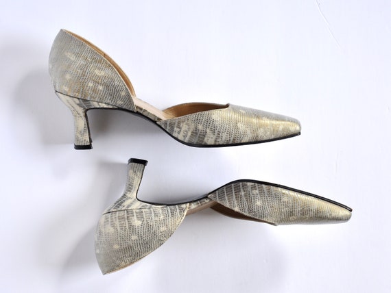 80's Gray Snakeskin Peep Toe Heels by Stuart Weitzman For Martinique