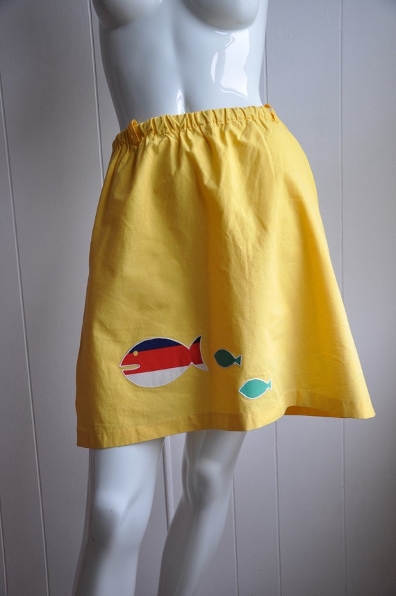 70s Fish Patch Skort/Skirt 60s Yellow Cotton Linen