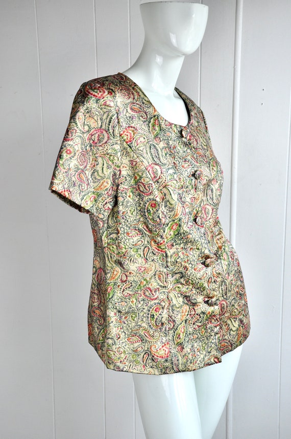 80s Metallic Gold Rainbow  Paisley Blouse w/ Chun… - image 4