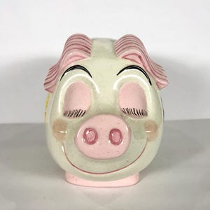 1975 Ceramic Pink Pig w/ Flowers Piggy Bank, Hand-painted, Signed, Smiling Pig Large Coin Bank, Girl Room Decor