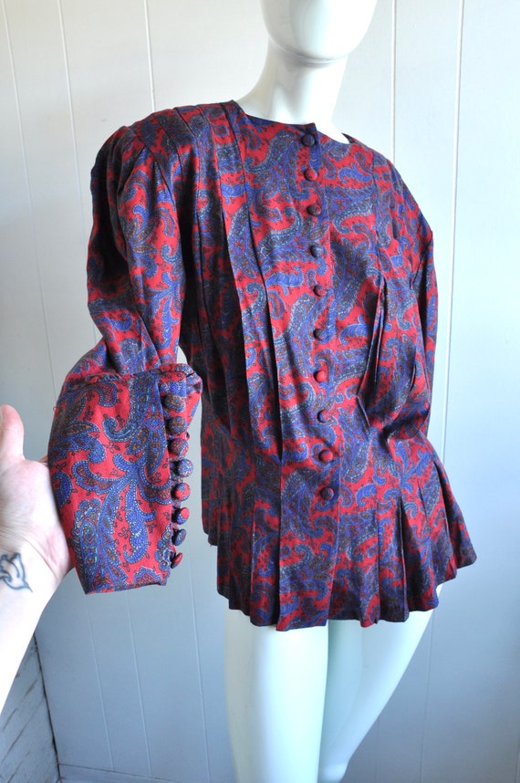 80s 90s Paisley Mutton Sleeve Pleated Blouse, Pepl
