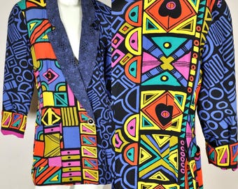Blazer geométrico abstracto con bloques de color estilo años 90, estilo Keith Haring, talla M, platino.