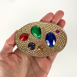 80s Hammered Metal Rainbow Gemstone Belt Buckle
