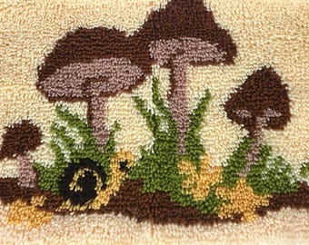 Vintage Shag Mushroom and Snail Rug, Latch Hook Rug, 70s 80s Rug