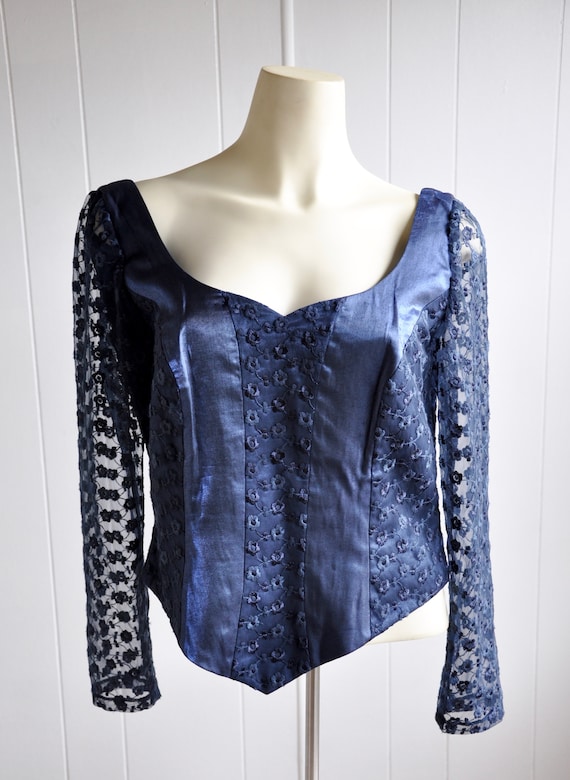 Y2K Medieval Corset Top w/ Sheer Sleeves, Midnigh… - image 2