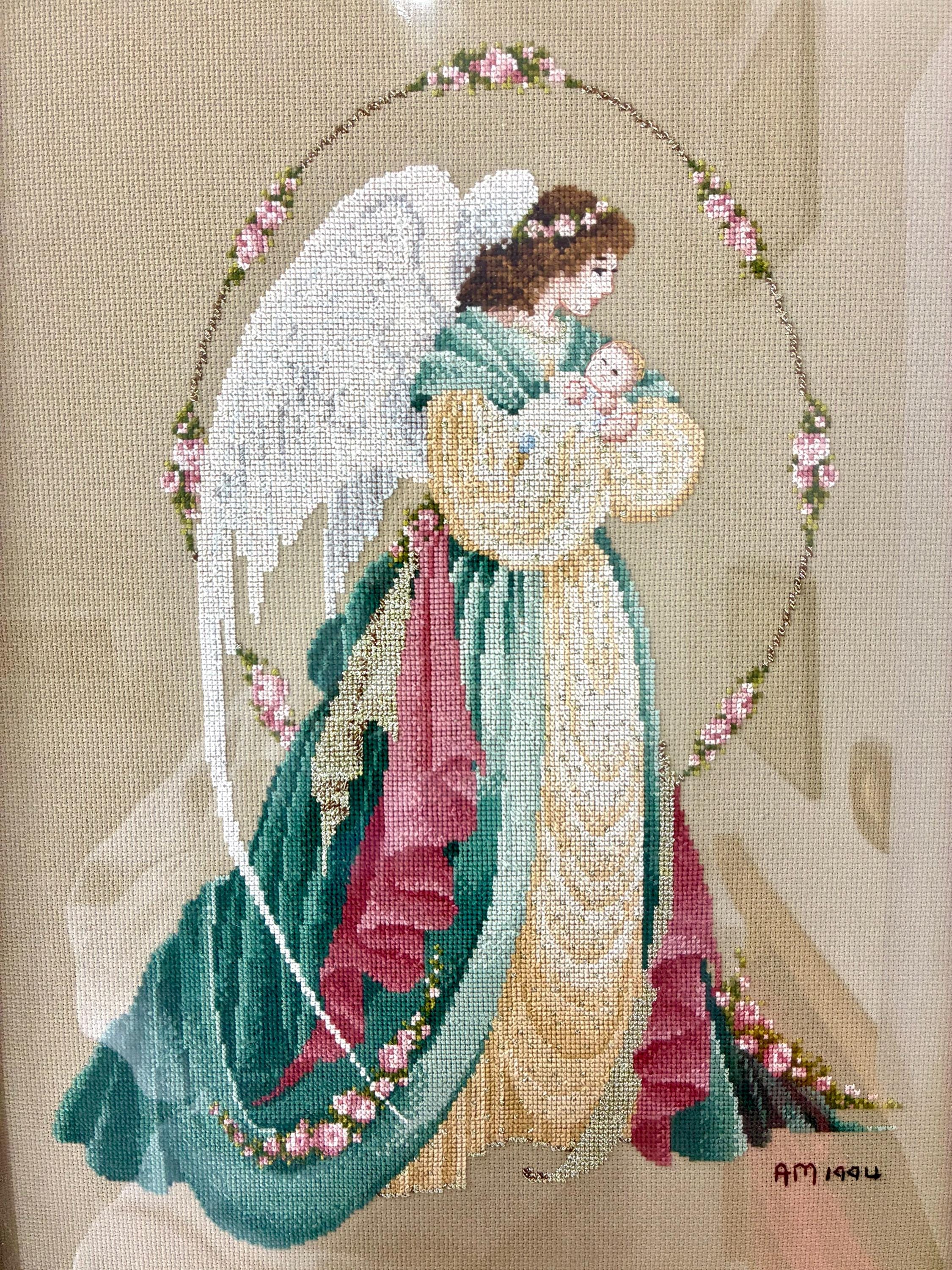 Lavender and Lace Guardian Angel Baby Completed Cross Stitch Wall