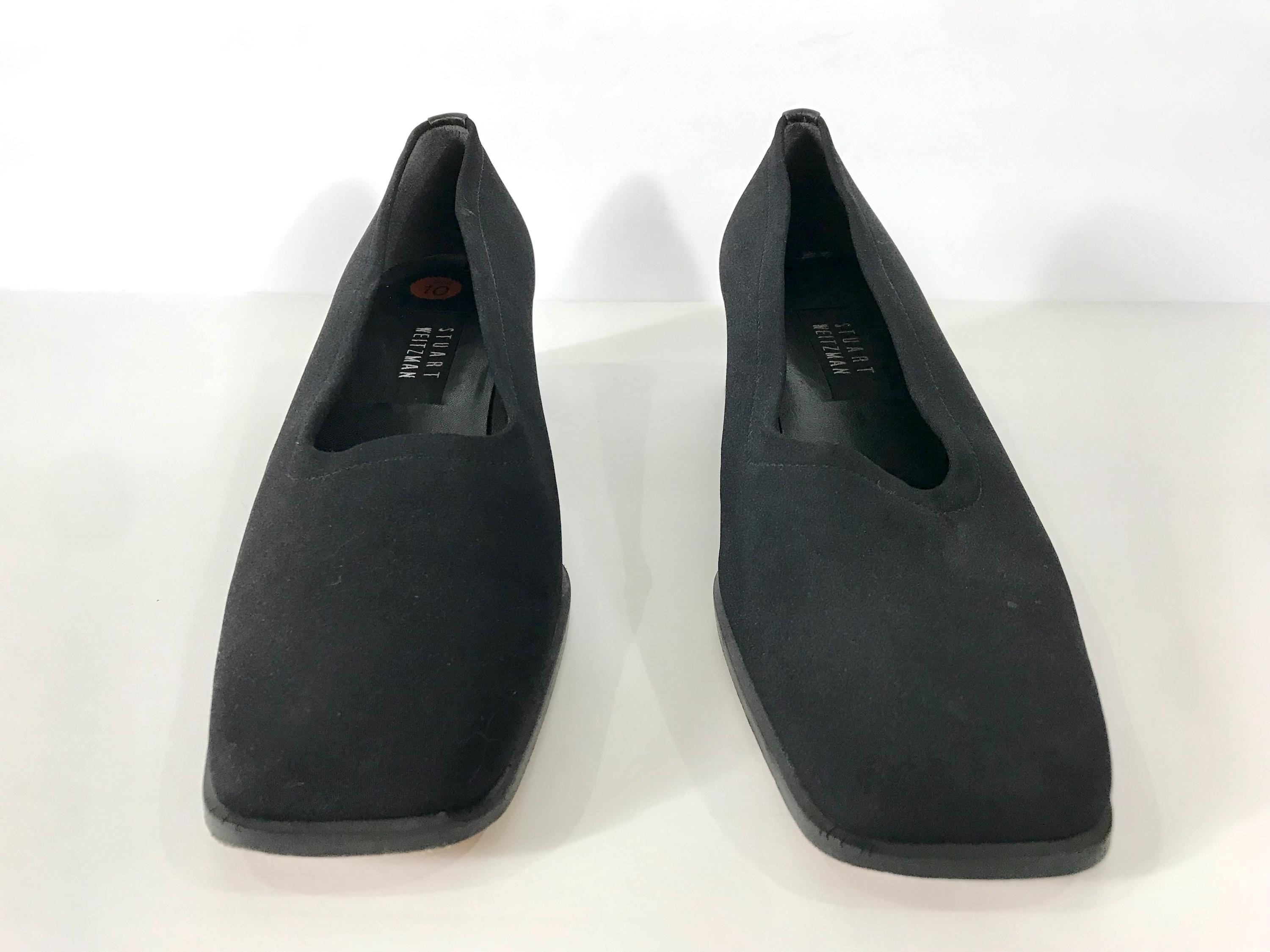 90s Stuart Weitzman Square Toe Black Cloth Chunky Heels