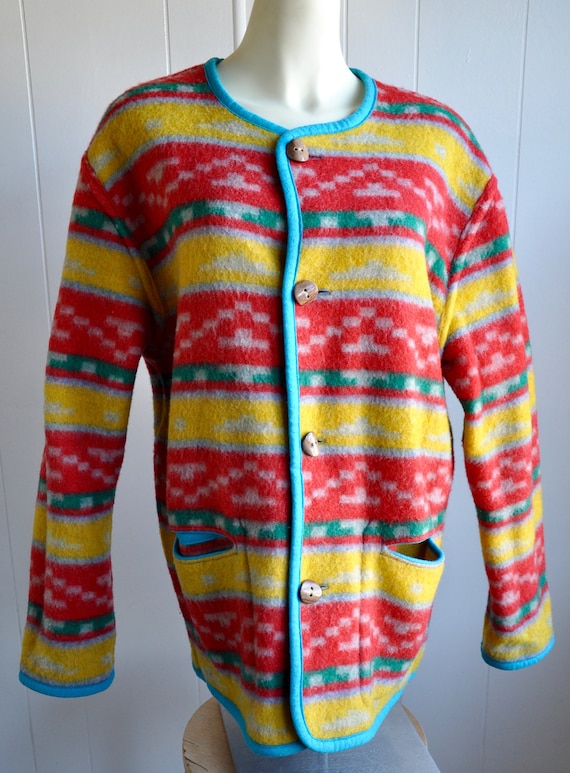 90s 70s Aztec Fleece Coat, Abstract Geometric, Rev