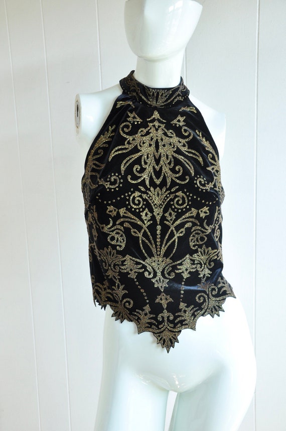 80s 90s Black Velvet & Gold Halter Crop Top w/ Cut