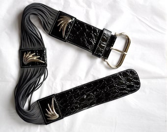 Escada Designer Belt w/ Leather Ropes and Patent Snakeskin, Feather/Wing/Claw, 1970s/1980s, West Germany, Goth/Noir/Boho/Hippy/Glam Rock