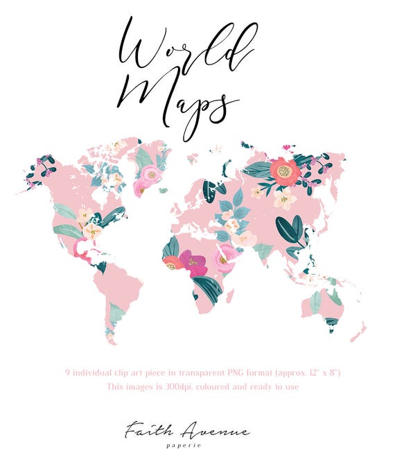 Map For Commercial Use World Map Floral Map Commercial Use | Etsy
