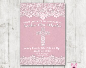 Afdrukbare doop uitnodiging, zegen uitnodiging, uitnodiging van het doopsel, Pink Lace Vintage uitnodiging, communie religieuze uitnodiging