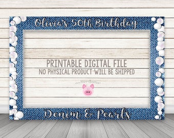 PRINTABLE Denim & Pearls party photo booth frame, Silver Glitter Denim Pearls photo booth prop frame, Birthday Photobooth, Denim and Pearls