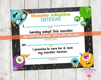 Monster Certificate, Printable Adopt A Monster Adoption Certificate