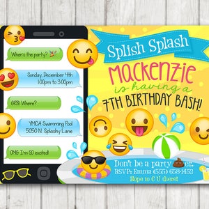 May include: A yellow and blue birthday invitation with a smartphone graphic and emoji icons. The text reads "Splish Splash Mackenzie is having a 7th Birthday Bash!" and includes details about the party, including the date, time, and location.