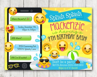 Invitación de fiesta fiesta de Emoji para imprimir, fiesta de natación Emoji invitaciones, invitación de cumpleaños de Emoji, invitaciones de cumpleaños de natación Emoji