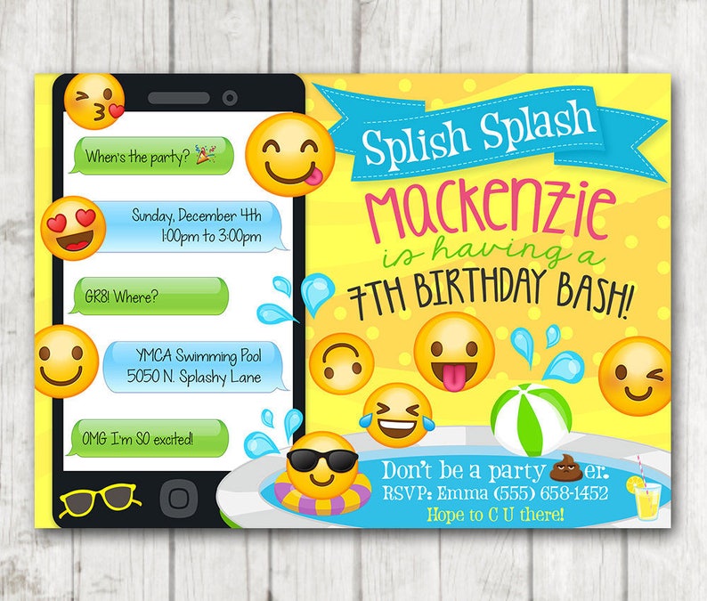 May include: A yellow and blue birthday invitation with a smartphone graphic and emoji icons. The text reads "Splish Splash Mackenzie is having a 7th Birthday Bash!" and includes details about the party, including the date, time, and location.
