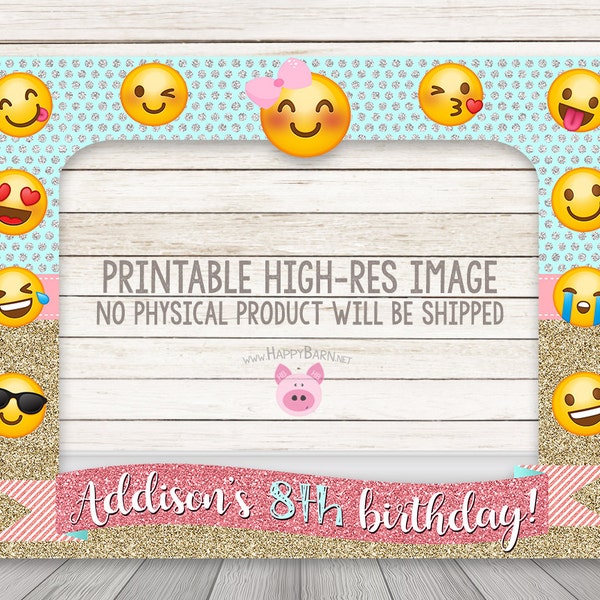 PRINTABLE Emoji birthday party photo booth frame, Glitter Emoji Party photobooth frame, Girly Pink Blue Gold Silver Emoji Party, Bow Emoji