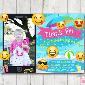 Afdrukbare Emoji Pool Party Bedankkaarten, Emoji dank u Fotokaart, Emoji Pool Party dank u Fotokaart, Emoji Bedankkaarten, Emoji