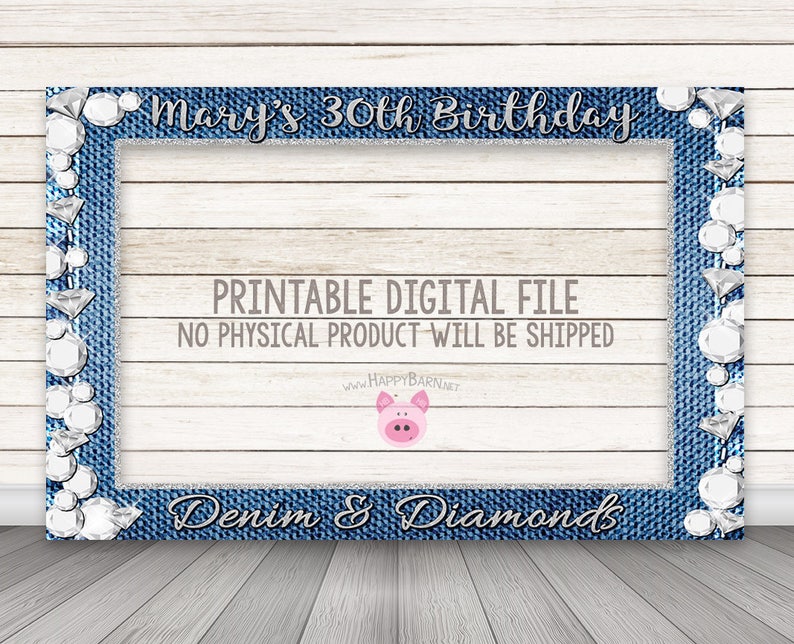 May include: A printable photo booth frame with a denim and diamond theme. The frame is blue with silver glitter and features a white diamond pattern. The text "Mary's 30th Birthday" is at the top of the frame and the text "Denim & Diamonds" is at the bottom.