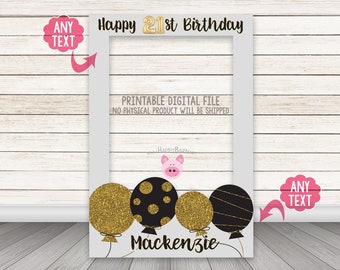 Balloon photo booth frame, Black and Gold Selfie Frame, Graduation Party, 21st Birthday Photo Prop Printable