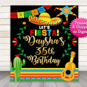 May include: Black and gold printable sign with a festive Mexican theme. It says "Let's Fiesta! Daysha's 35th Birthday" with colorful decorations and a guitar.