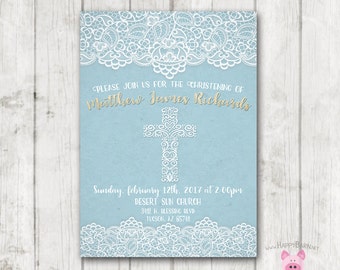 Doop zegen uitnodiging, uitnodiging, uitnodiging van het doopsel, Cross Blue Lace Vintage uitnodiging, communie religieuze uitnodiging