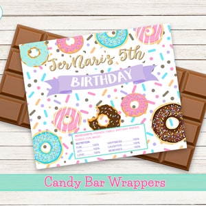 May include: A printable candy bar wrapper with a donut theme. The wrapper features a white background with colorful sprinkles, donuts, and the text "Jer Nari's 5th Birthday".