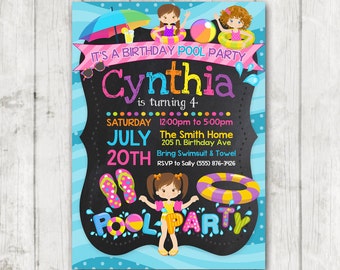 Printable POOL PARTY birthday invitations Girls Pool Party Invitation Pool Party Invite Summer Birthday Party Invite Bday Party Chalkboard