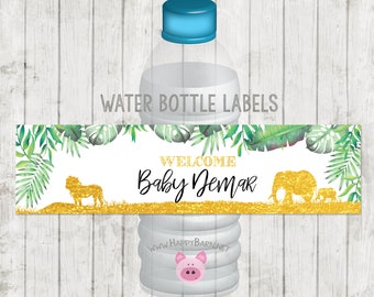 Printable Safari Water Bottle Labels, Jungle Sarafi Party Waterbottle Labels, Baby Shower or Gender Reveal