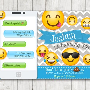 Printable Emoji Birthday Party Invitation, Boy Emoji invitations, Chevron Gray Blue Emoji Birthday Invitation, Emoji Bday Invite, Emoticon image 2