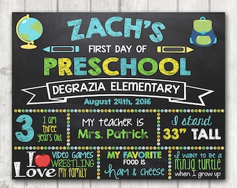 Boy Printable First Day of School Sign, First Day of Preschool Kindergarten Chalkboard Sign
