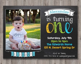 Boy First 1st Birthday Invite Printable Invitation Custom Photo Invite Chalk Chalkboard Turning One Personalized Bday