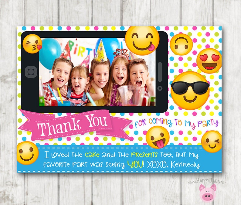 Printable Emoji Thank You Cards with Photo, Horizontal Emoji Thank You Card, Emoji Birthday Thank You, Emoji Birthday, Photo Thank You Card image 1